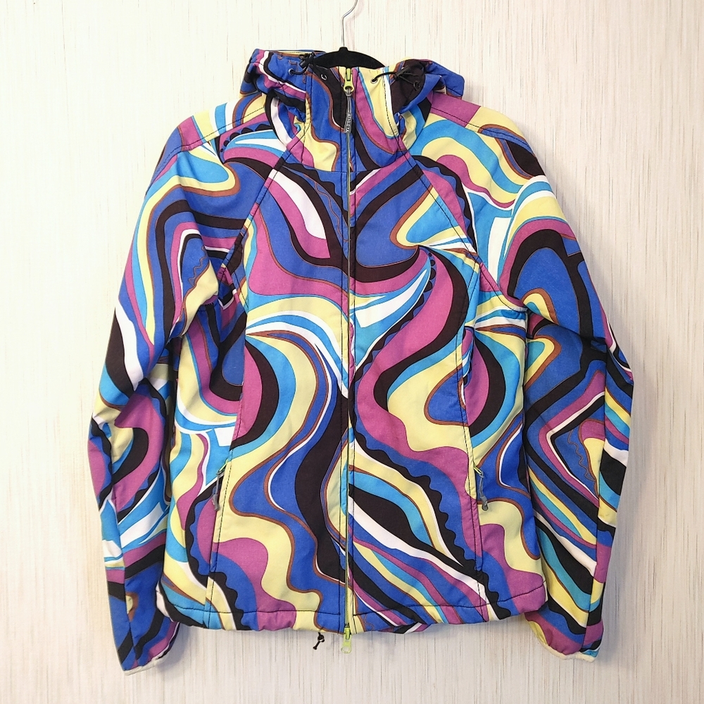 Athleta Limited glacier softshell fleece jacket in retro pattern zip Medium EUC